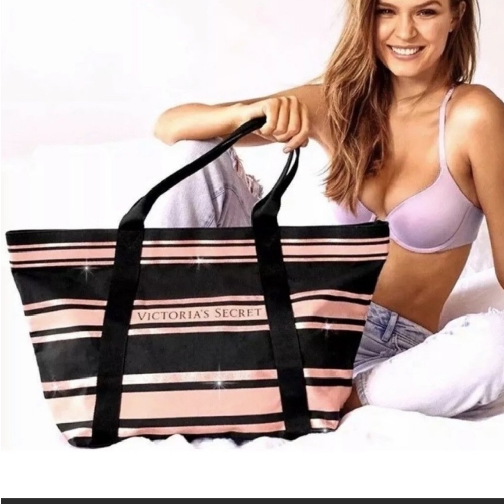 New Rare Victoria’s Secret black/metallic rose gold horizontal striped tote bag